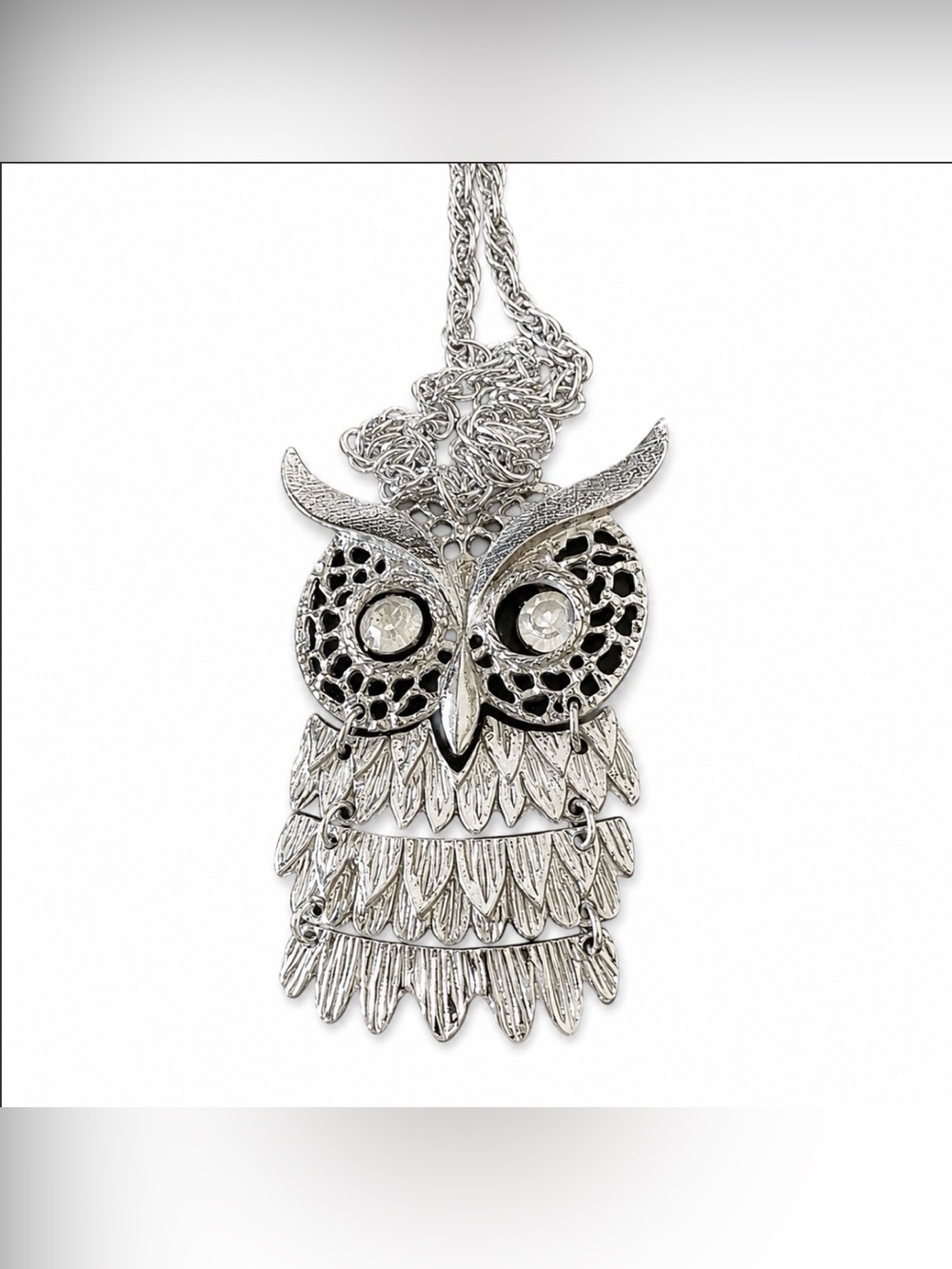 Articulated Silvertone Owl Necklace With Crystal Eyes Vintage Statement Piece